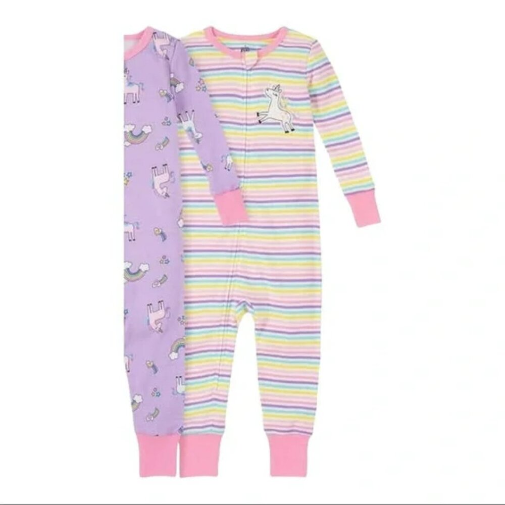 NEW 2 Pack Girls Sleepers Zipper Pajamas with Unicorns Rainbow Kids Headquarters